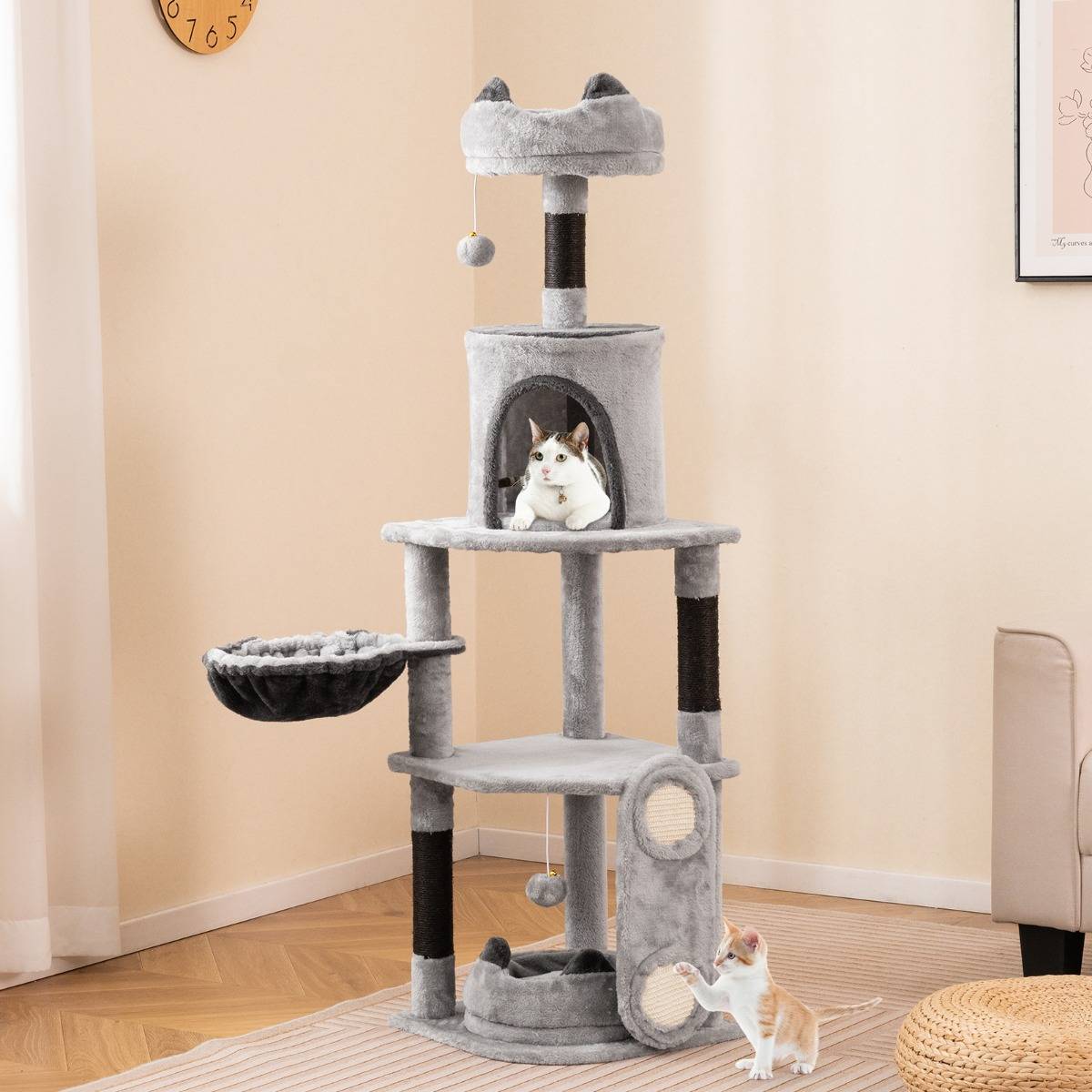 Maison Chic - Grand Arbre à Chat à Plusieurs Niveaux Poteaux et Planche à Gratter Jouets Suspendus Hamac Gris - Image 2