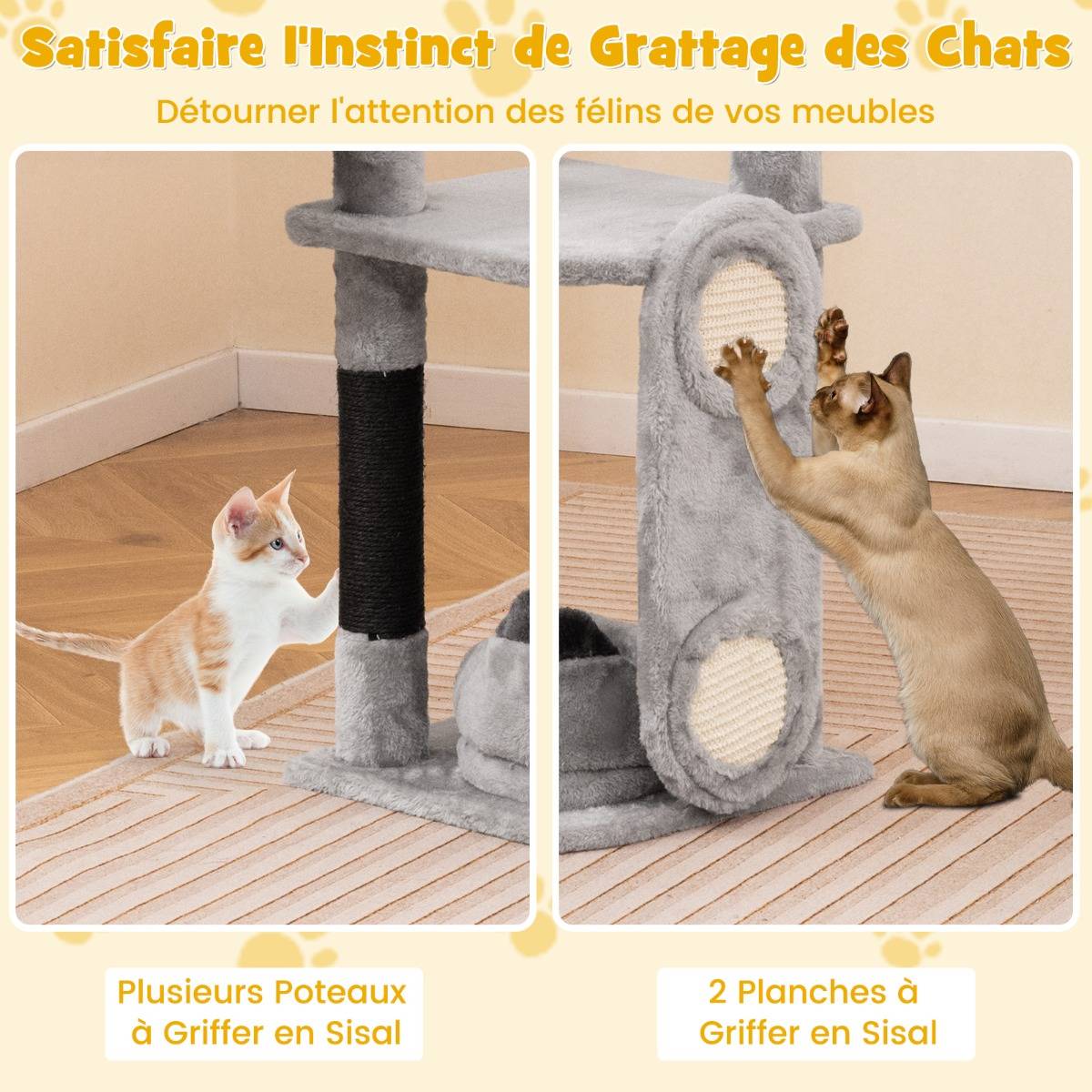 Maison Chic - Grand Arbre à Chat à Plusieurs Niveaux Poteaux et Planche à Gratter Jouets Suspendus Hamac Gris - Image 7