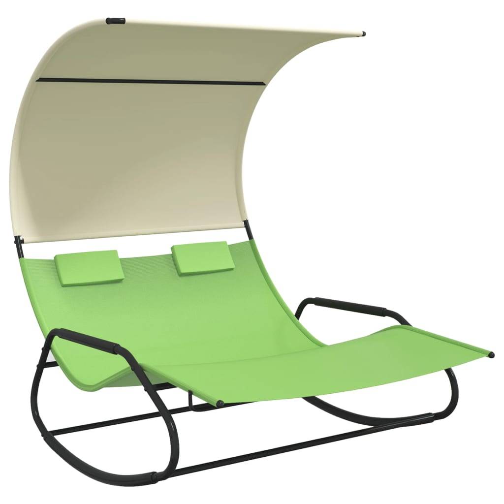 Helloshop26 - Transat chaise longue bain de soleil lit de jardin terrasse meuble d'extérieur double à bascule avec auvent vert et crème - Imagen 1