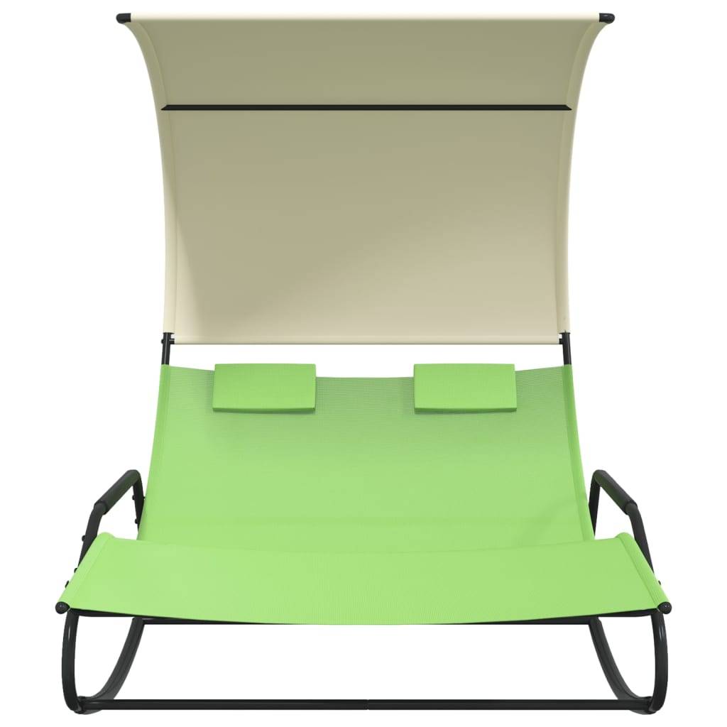 Helloshop26 - Transat chaise longue bain de soleil lit de jardin terrasse meuble d'extérieur double à bascule avec auvent vert et crème - Imagen 2