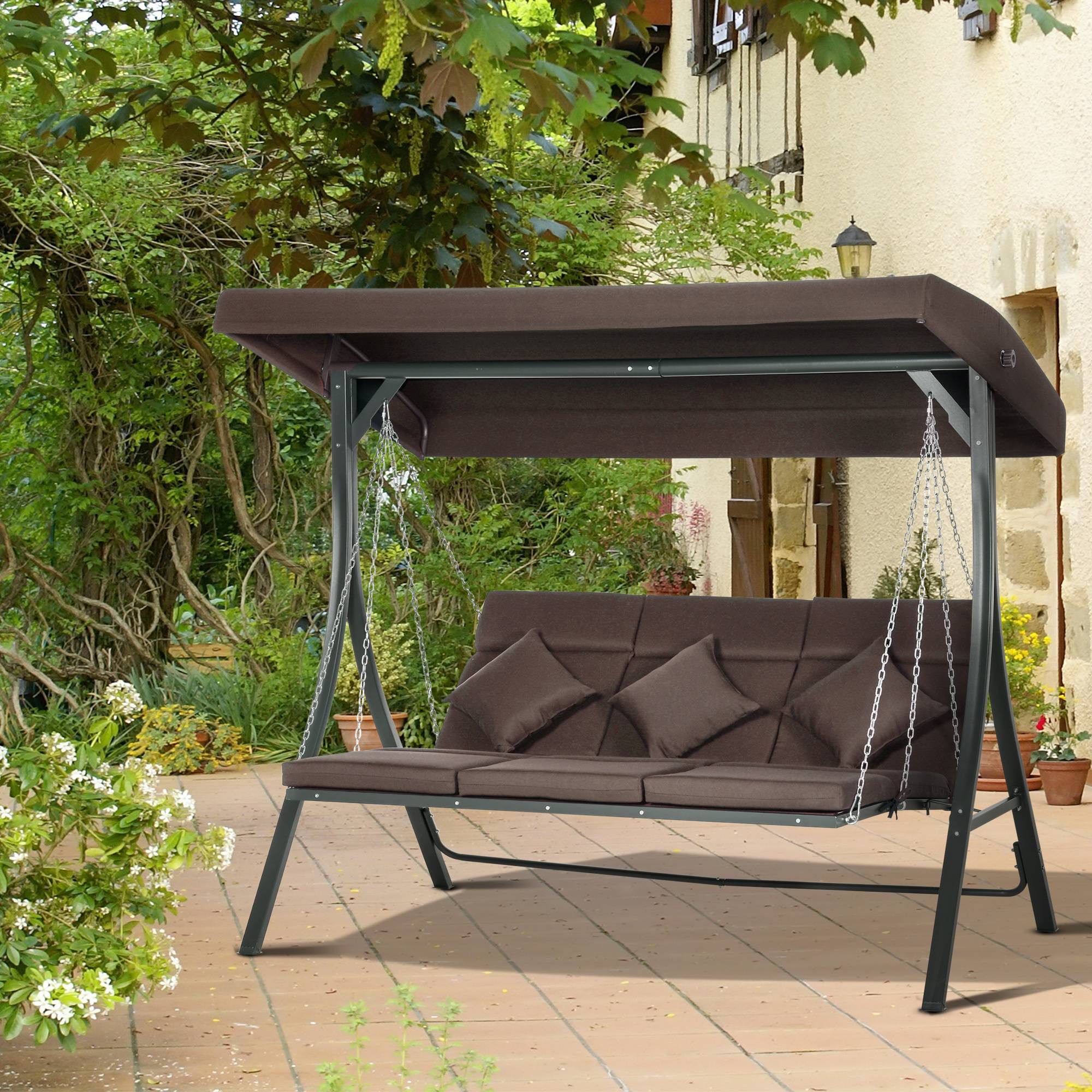 Balancelle de jardin 3 places acier extérieur toit réglable anti-UV 198x118cm marron - ComfortXL Outdoor Living - Image 4