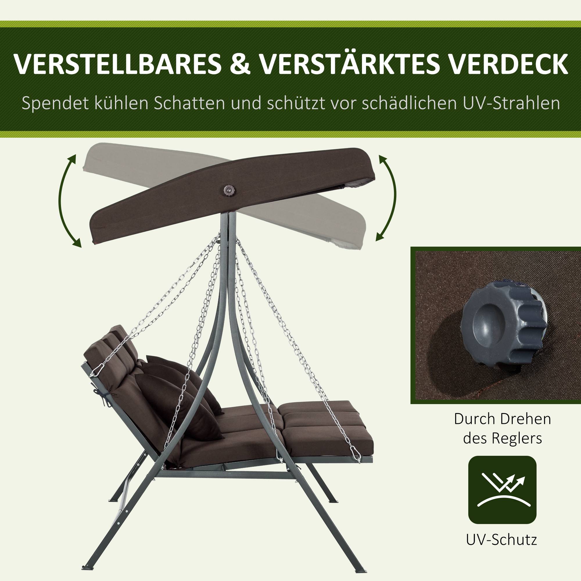 Balancelle de jardin 3 places acier extérieur toit réglable anti-UV 198x118cm marron - ComfortXL Outdoor Living - Image 6