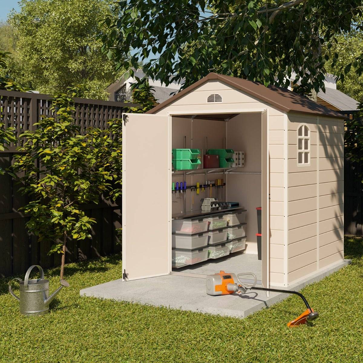 Trigano Jardin - Abri de jardin résine beige Trigano 3,16 m² + kit d'ancrage - Image 1