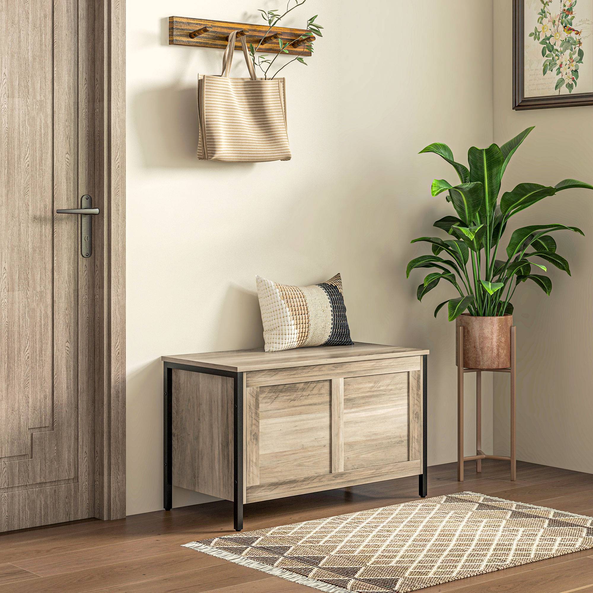 Coffre rangement 95 L avec charnière sécurité, banc coffre multifonction gris chambre entrée salon gain de place 80x40x50 cm - Image 3