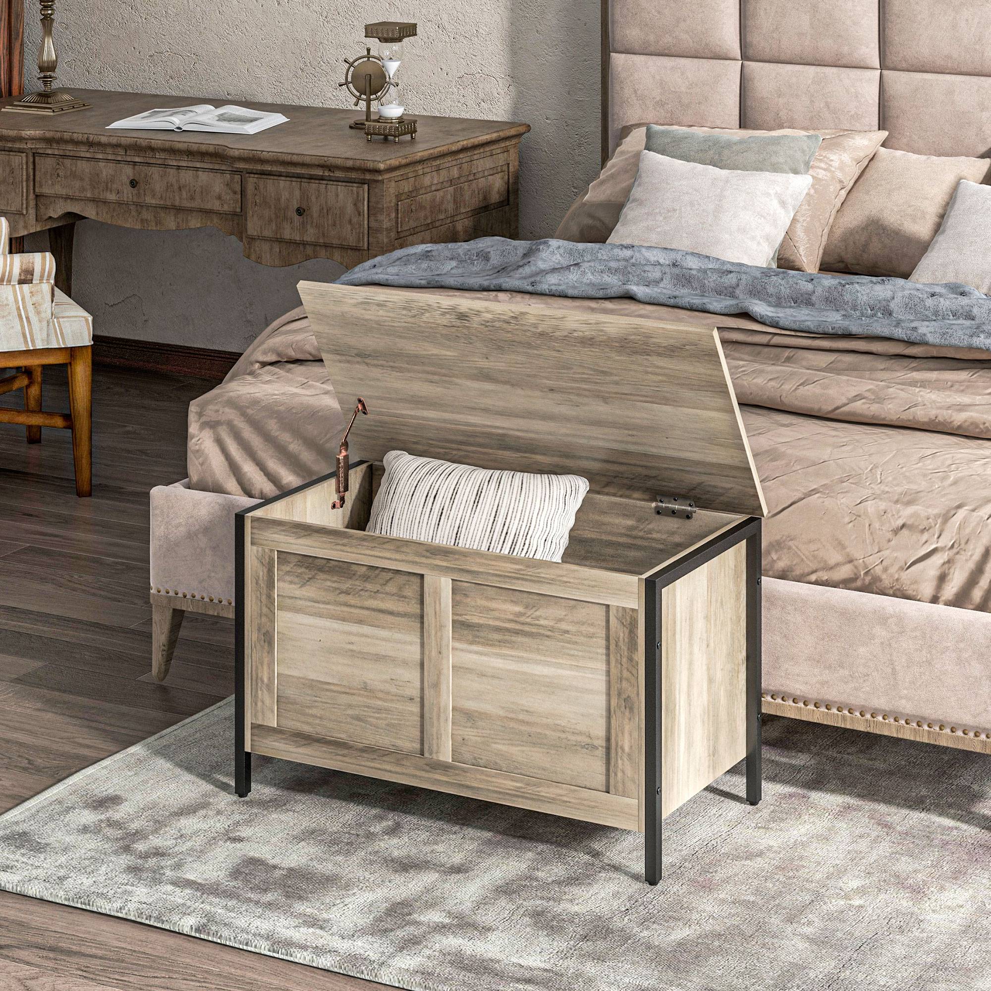 Coffre rangement 95 L avec charnière sécurité, banc coffre multifonction gris chambre entrée salon gain de place 80x40x50 cm - Image 4