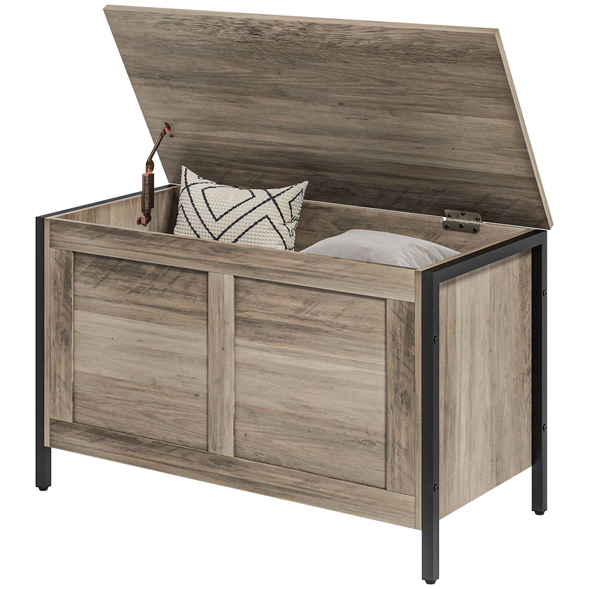 Coffre rangement 95 L avec charnière sécurité, banc coffre multifonction gris chambre entrée salon gain de place 80x40x50 cm - Image 2