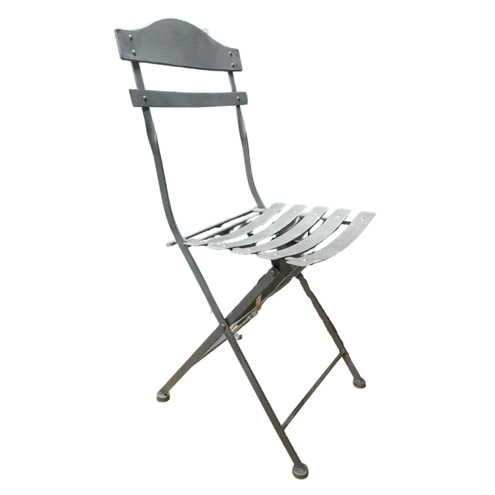 ~Chaise pliante jardin extérieur ancien fer métal gris 88cm Chemin de campagne - Imagen 1