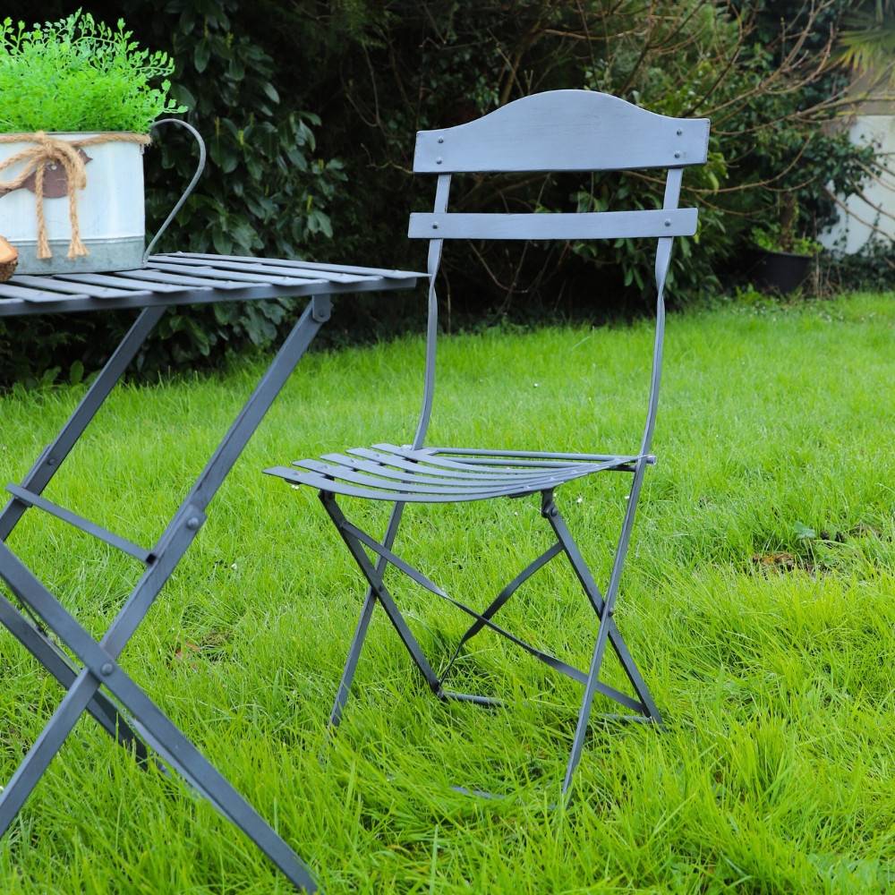 ~Chaise pliante jardin extérieur ancien fer métal gris 88cm Chemin de campagne - Imagen 5