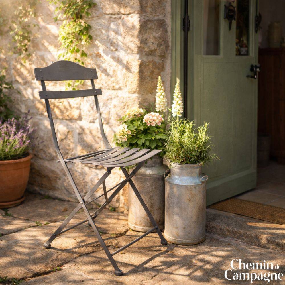 ~Chaise pliante jardin extérieur ancien fer métal gris 88cm Chemin de campagne - Imagen 2