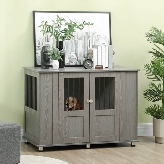 Cage pour chien avec serrure, porte magnétique et fenêtres, bois, gris, 116 x 60 x 87 cm - PANGIVO - Image 2