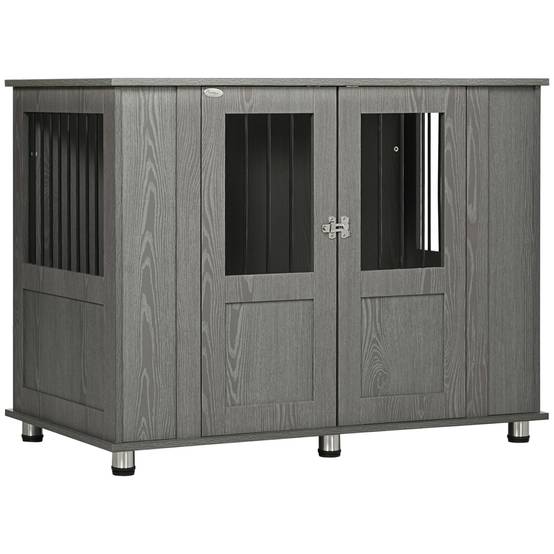 Cage pour chien avec serrure, porte magnétique et fenêtres, bois, gris, 116 x 60 x 87 cm - PANGIVO - Image 1