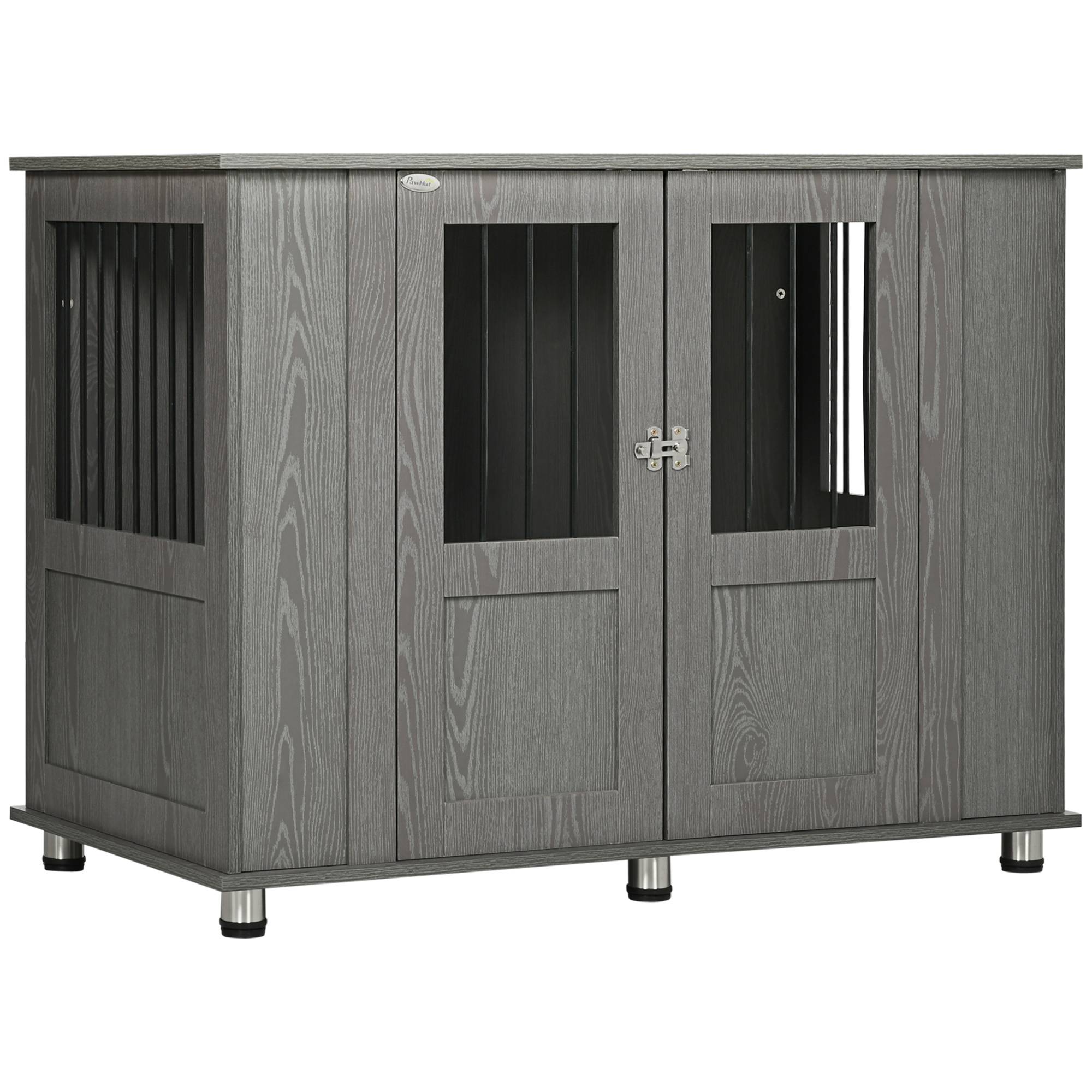 Cage pour chien avec serrure, porte magnétique et fenêtres, bois, gris, 116 x 60 x 87 cm - PANGIVO - Image 1