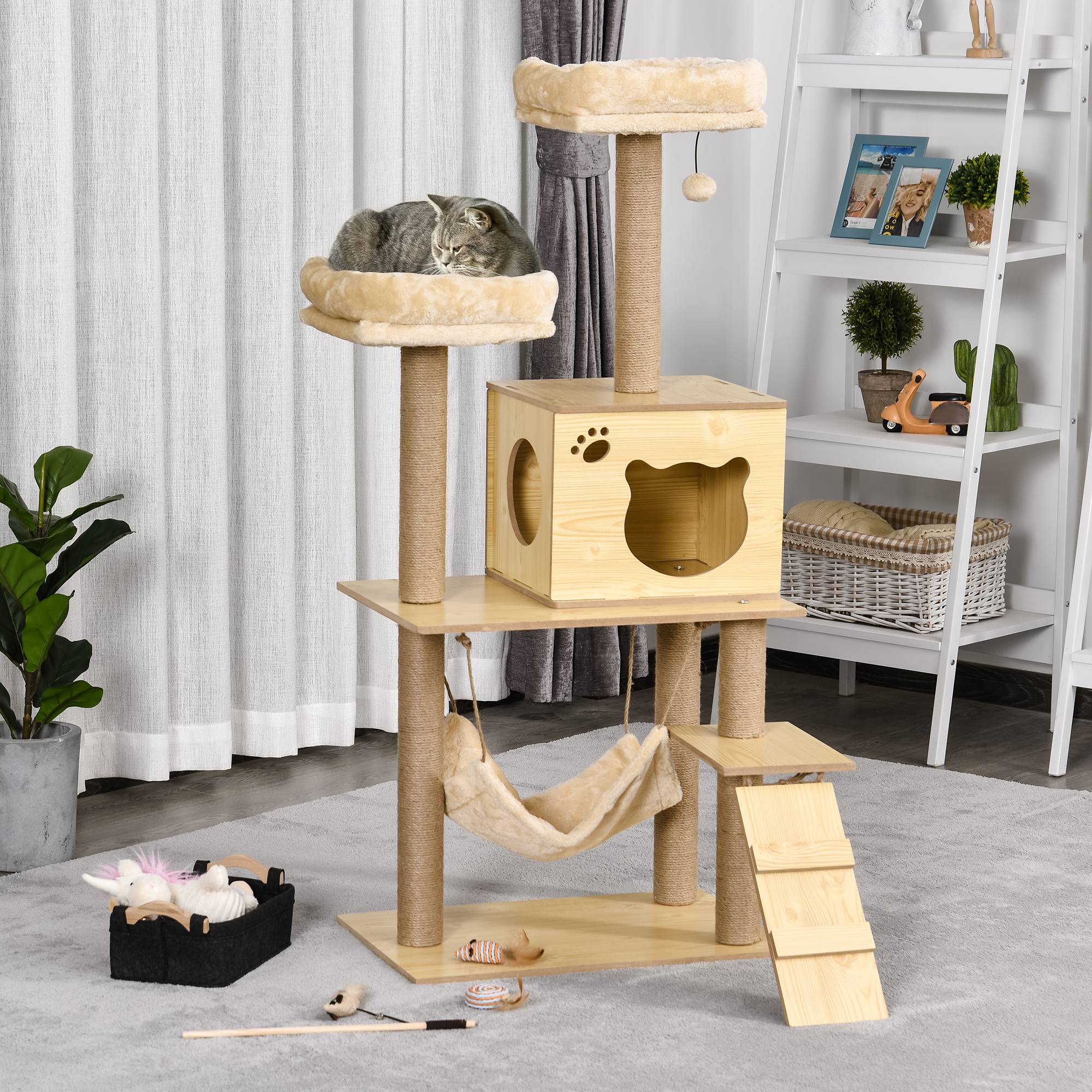 Arbre à chats design contemporain griffoirs grattoirs sisal naturel niche plate-formes hamac boule panneaux particules beige - Image 4