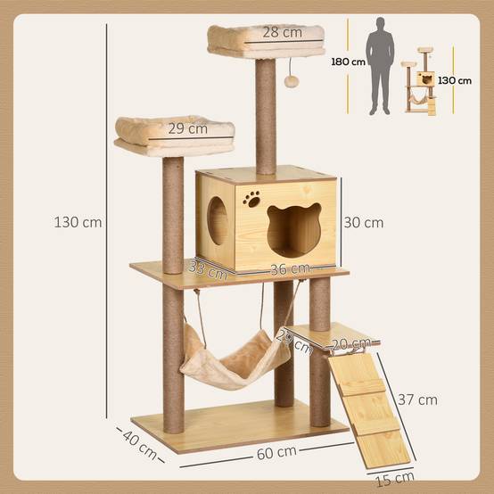 Arbre à chats design contemporain griffoirs grattoirs sisal naturel niche plate-formes hamac boule panneaux particules beige - Image 5