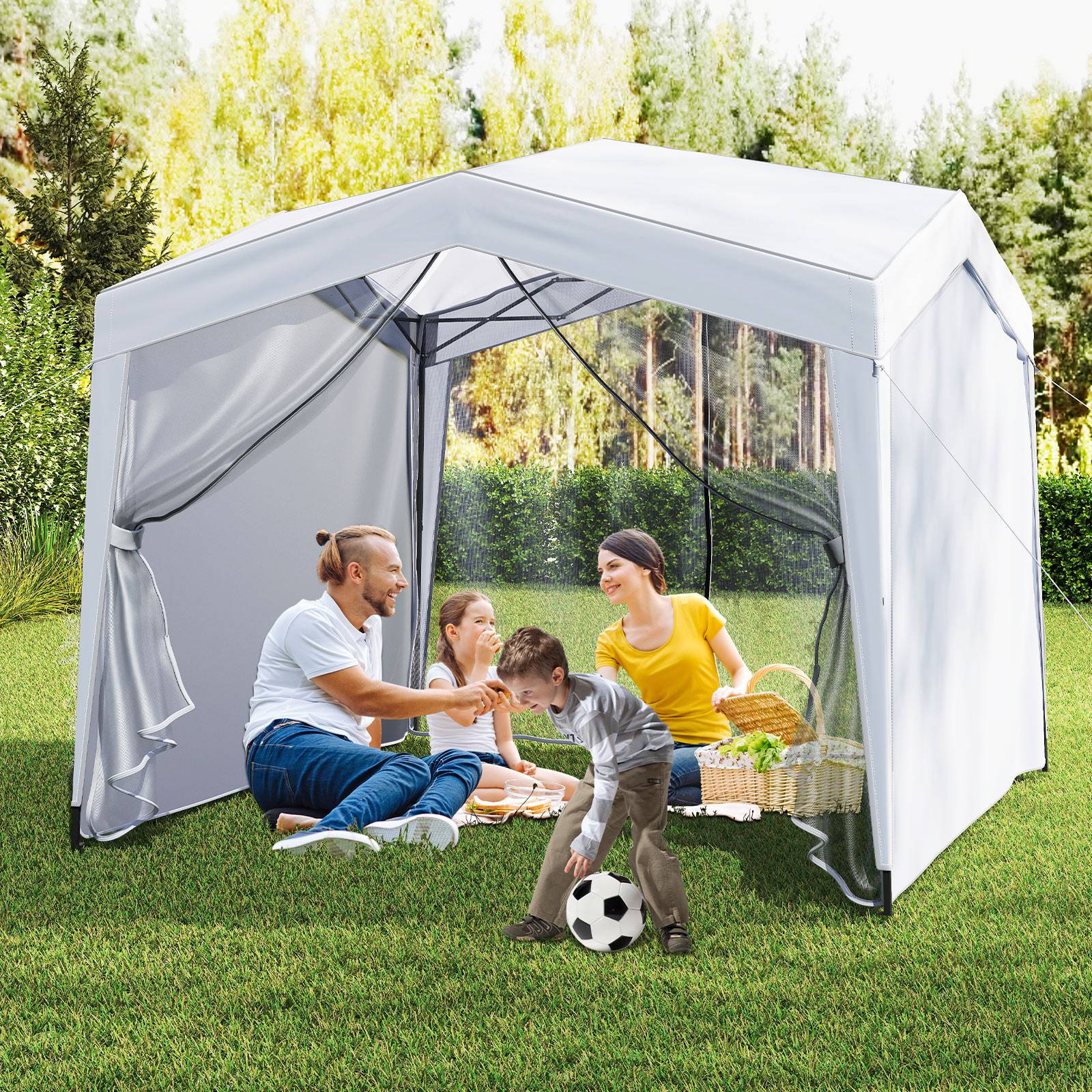 Tonnelle de Jardin Pliable Pop-up 3 x 3m avec 4 Parois Latérales, Tente Réception avec Filet en Maille Sac à roulettes 8 Piquets 4 Cordes à Vent,Blanc - Image 3