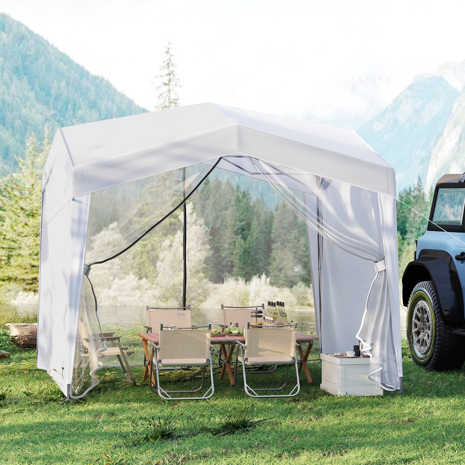 Tonnelle de Jardin Pliable Pop-up 3 x 3m avec 4 Parois Latérales, Tente Réception avec Filet en Maille Sac à roulettes 8 Piquets 4 Cordes à Vent,Blanc - Image 2