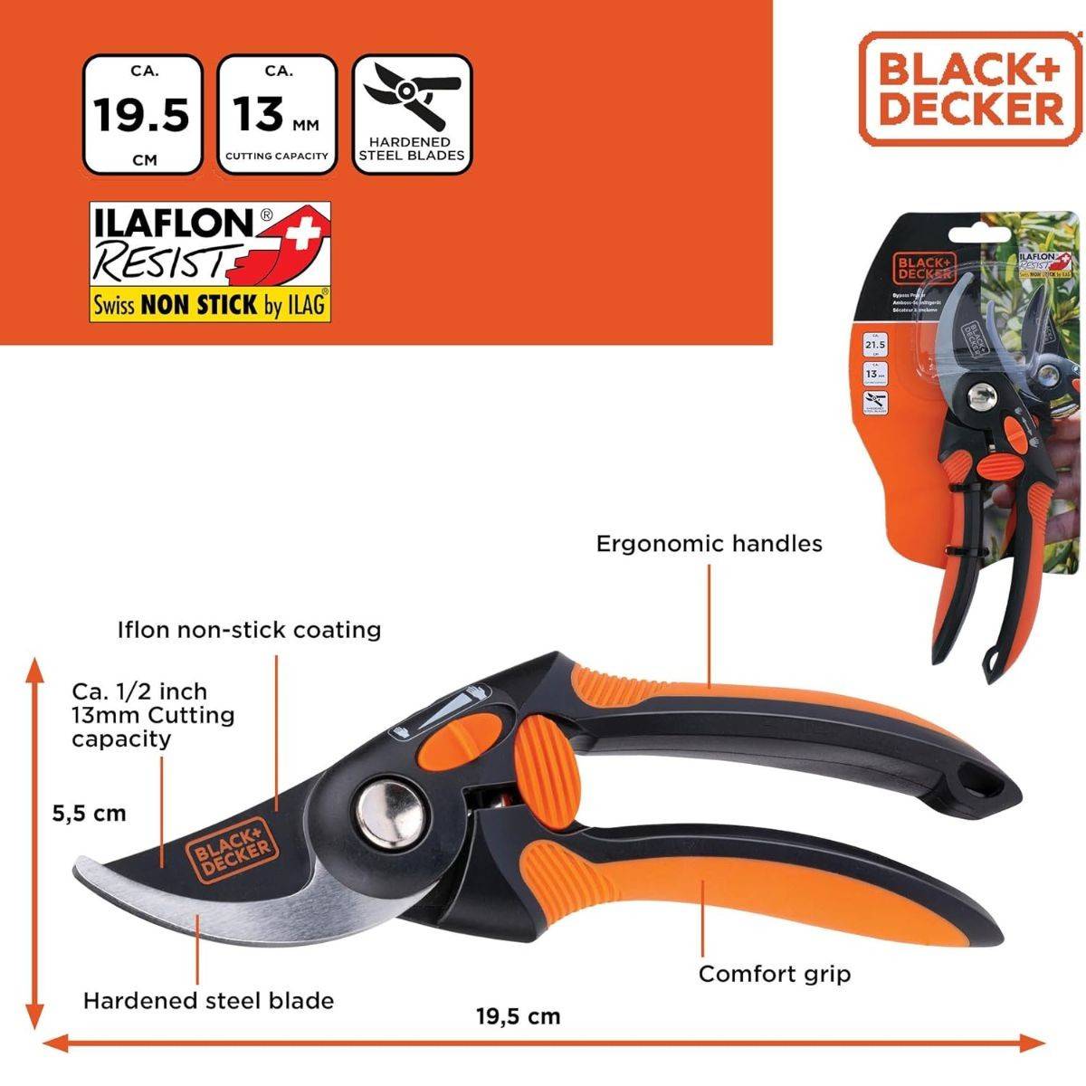 Sécateur de jardin 19.5cm Lame acier haute qualité Revetement anti-adhésif Coupe 13mm Black et Decker - Imagen 7