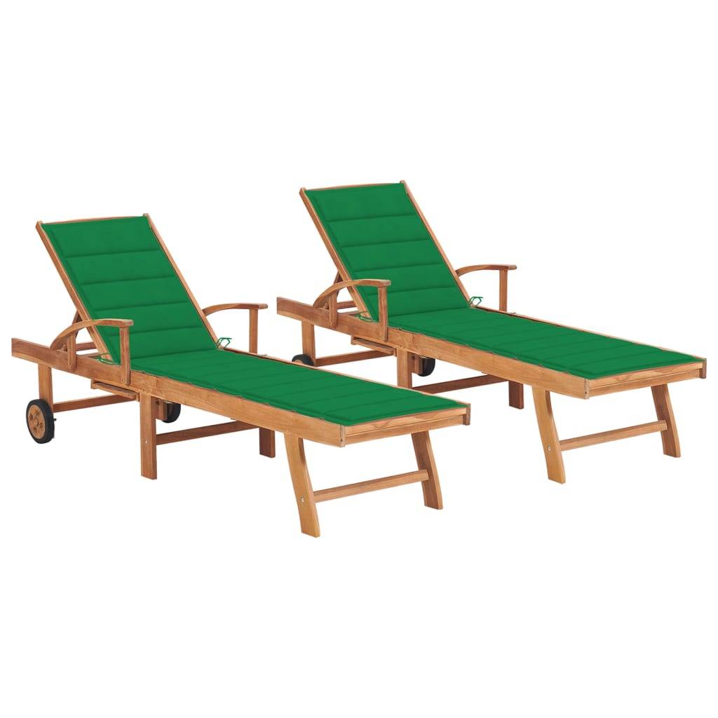 Helloshop26 - Lot de 2 transats chaise longue bain de soleil lit de jardin terrasse meuble d'extérieur avec coussin vert bois de teck solide - Imagen 1
