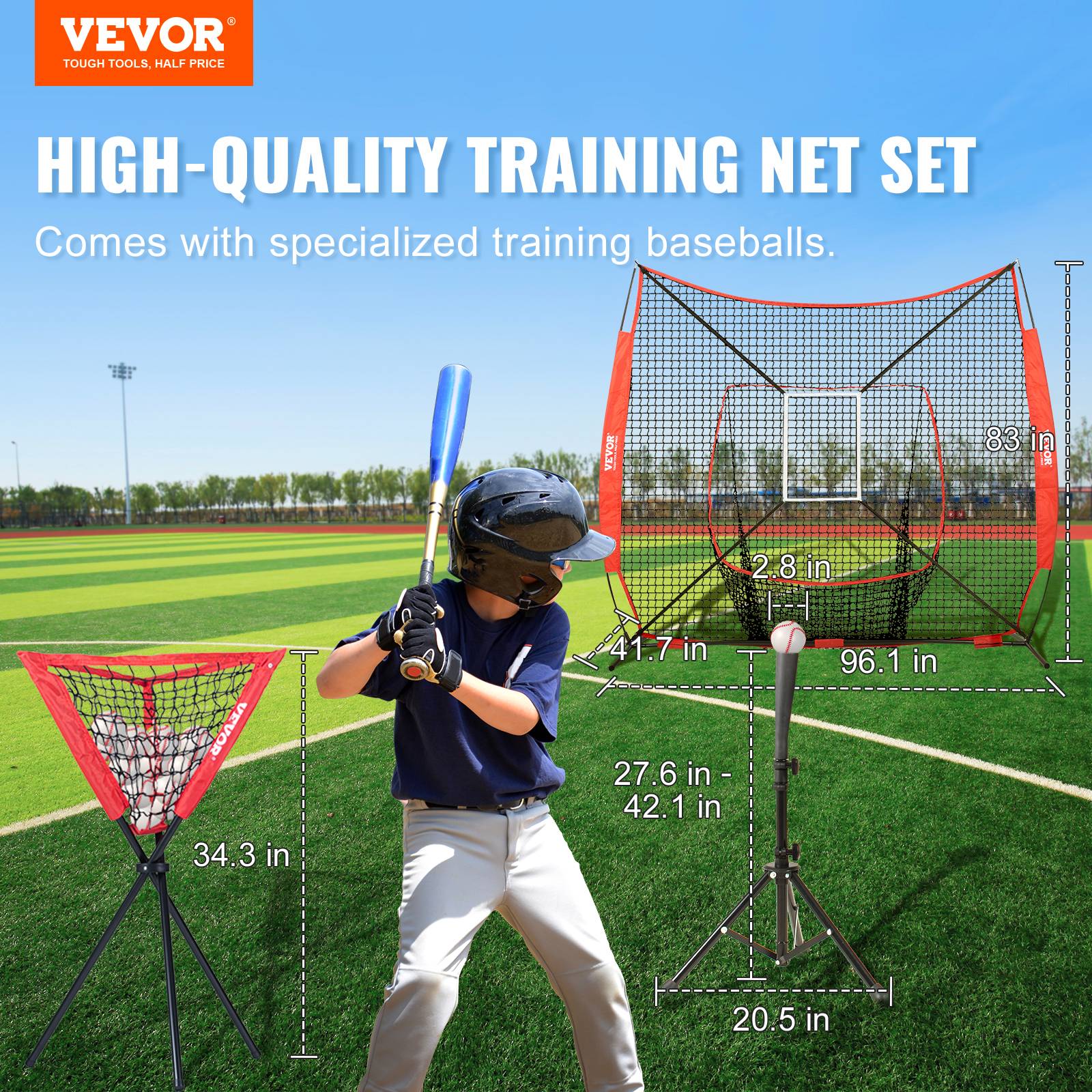 VEVOR Filet entraînement baseball 244x211 cm, 12 balles, tee, collecteur. - Image 2