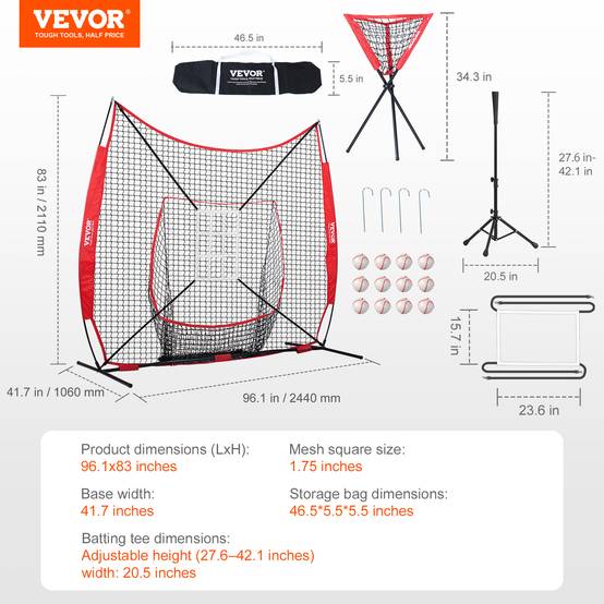 VEVOR Filet entraînement baseball 244x211 cm, 12 balles, tee, collecteur. - Image 7
