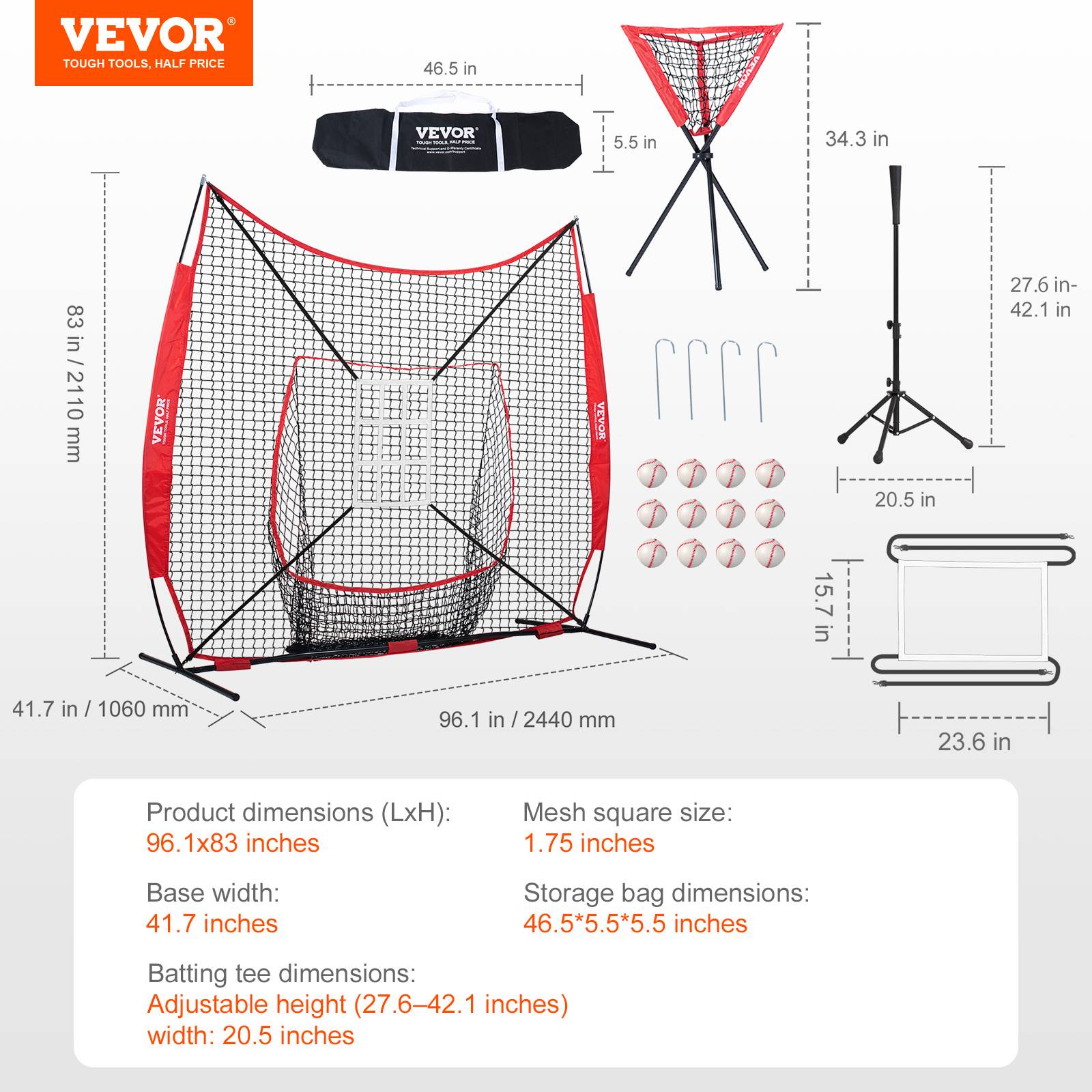 VEVOR Filet entraînement baseball 244x211 cm, 12 balles, tee, collecteur. - Image 7