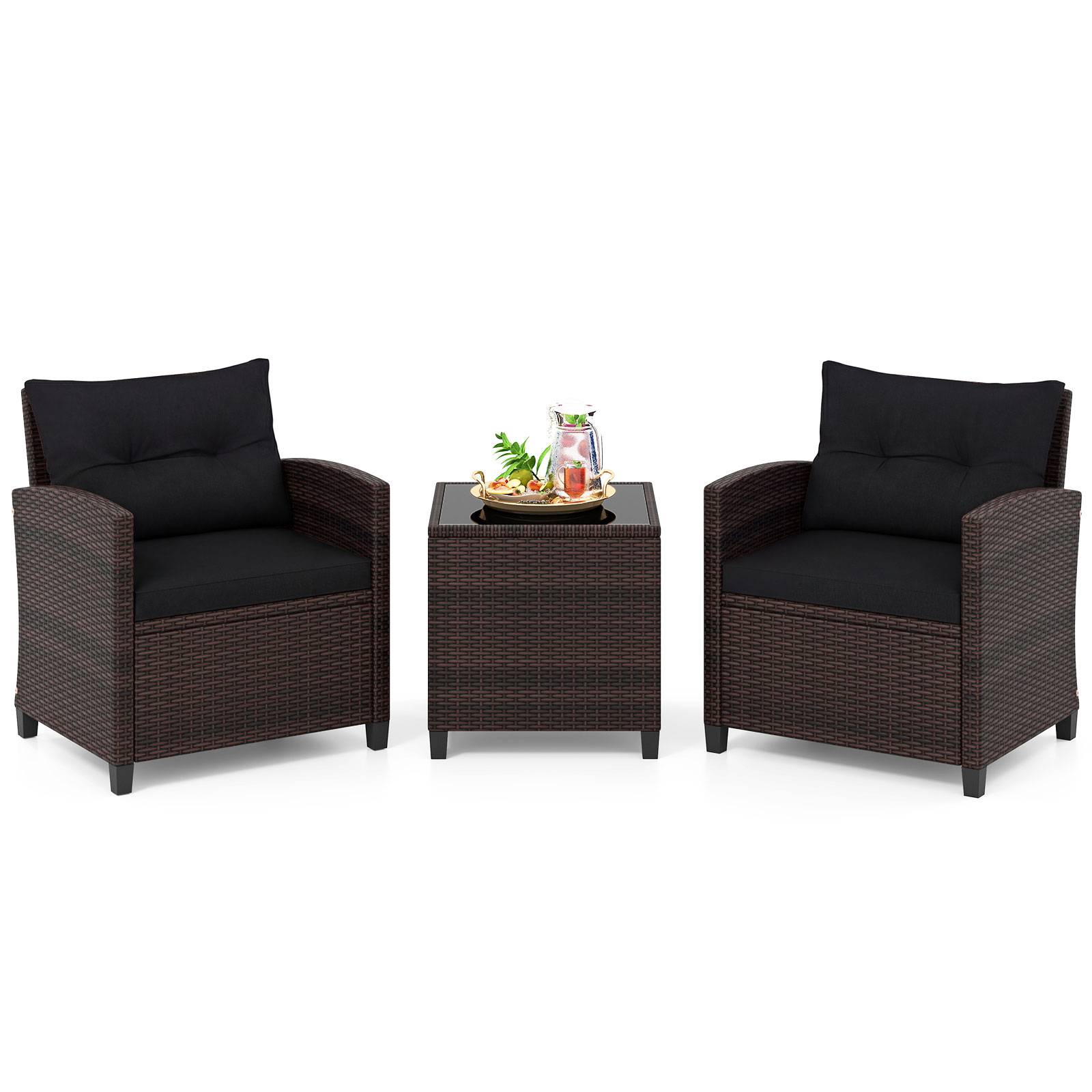 Maison Chic - Salon de Jardin en Rotin PE 3 Pièces 2 Places avec Coussins Lavables 1 Table en Verre Trempé Noir MAISON CHIC