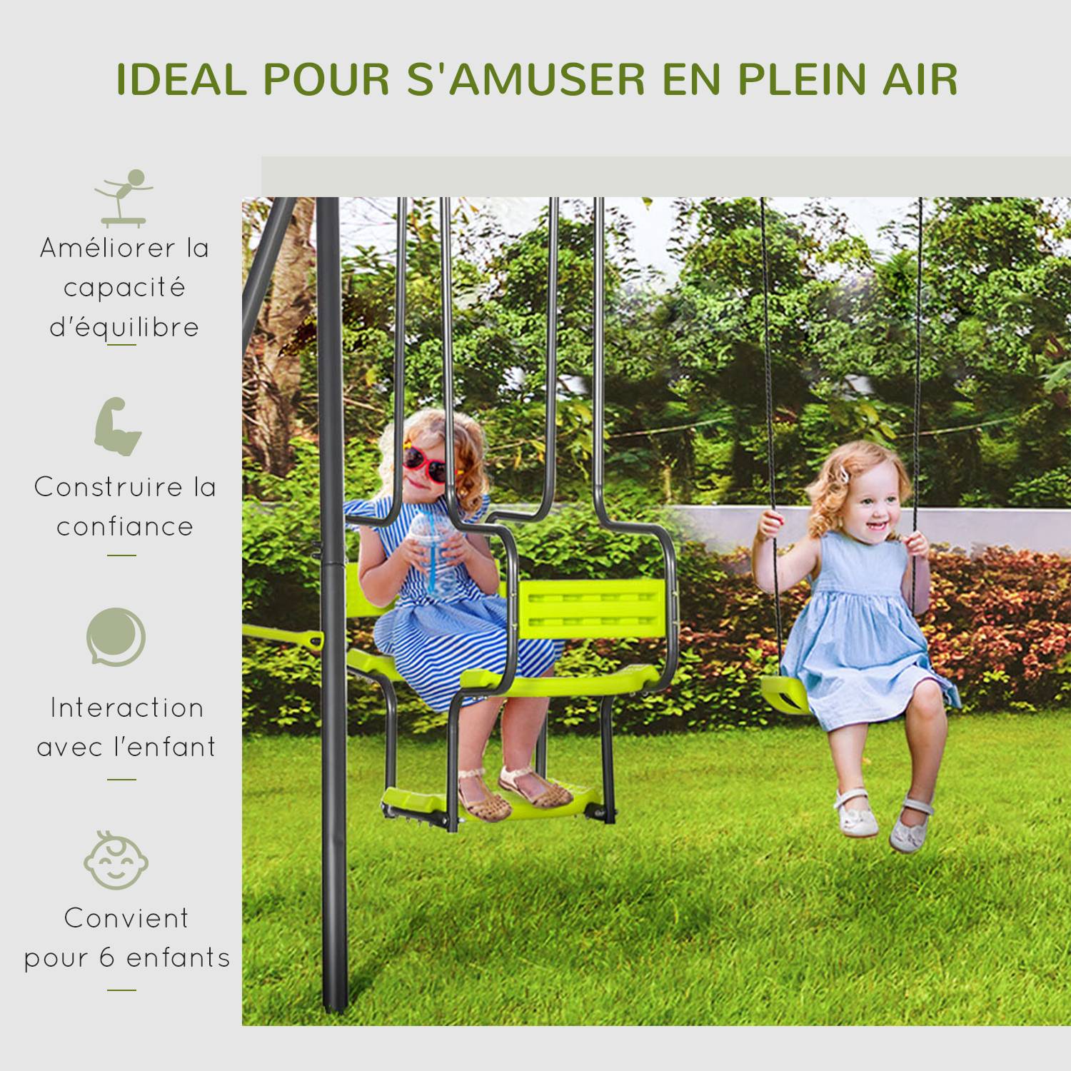 Outsunny - Balançoire 4 agrès portique avec 2 balançoires et 2 face à face dim. 3,55L x 1,84l x 1,86H m acier époxy gris PE vert - Outsunny - Image 5