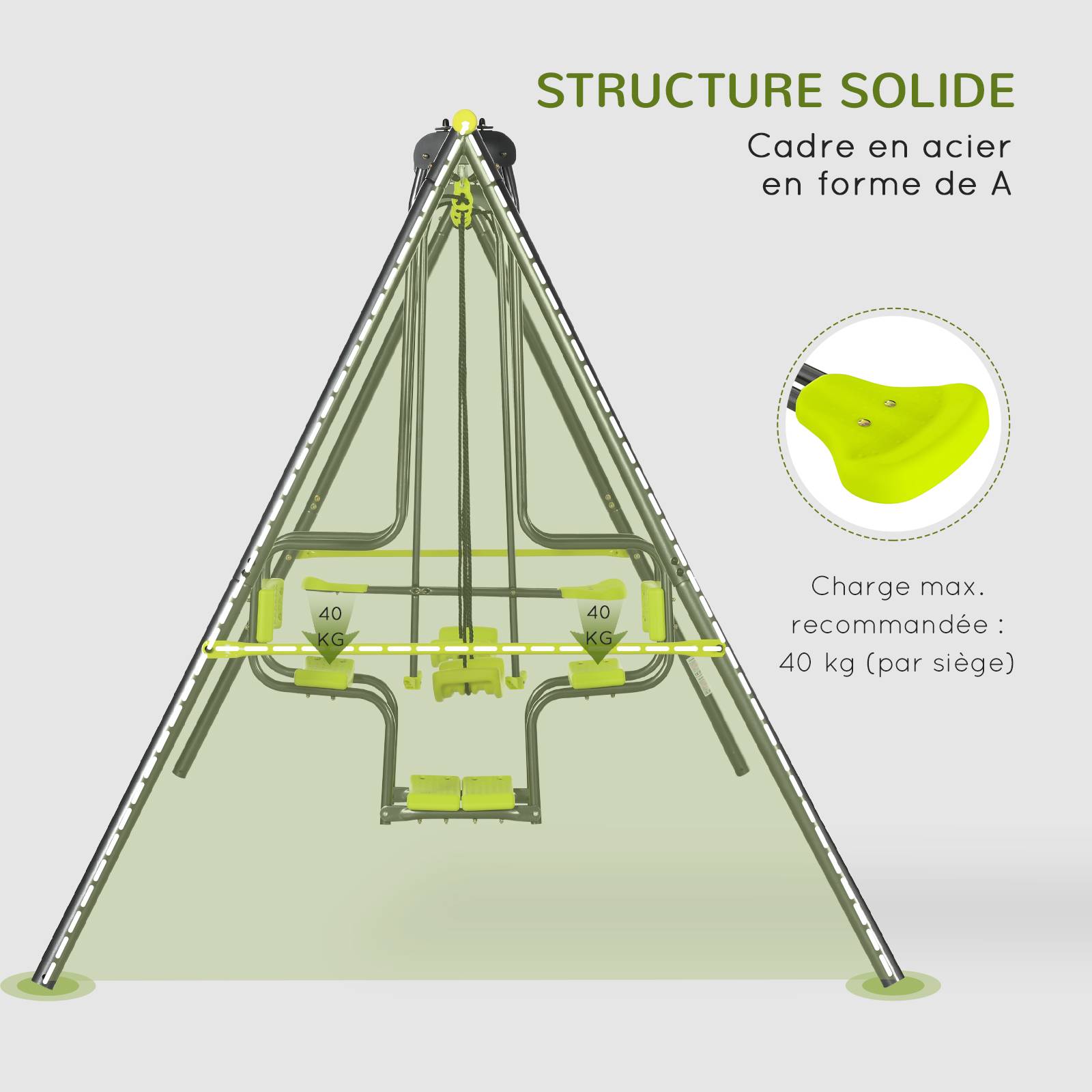 Outsunny - Balançoire 4 agrès portique avec 2 balançoires et 2 face à face dim. 3,55L x 1,84l x 1,86H m acier époxy gris PE vert - Outsunny - Image 6