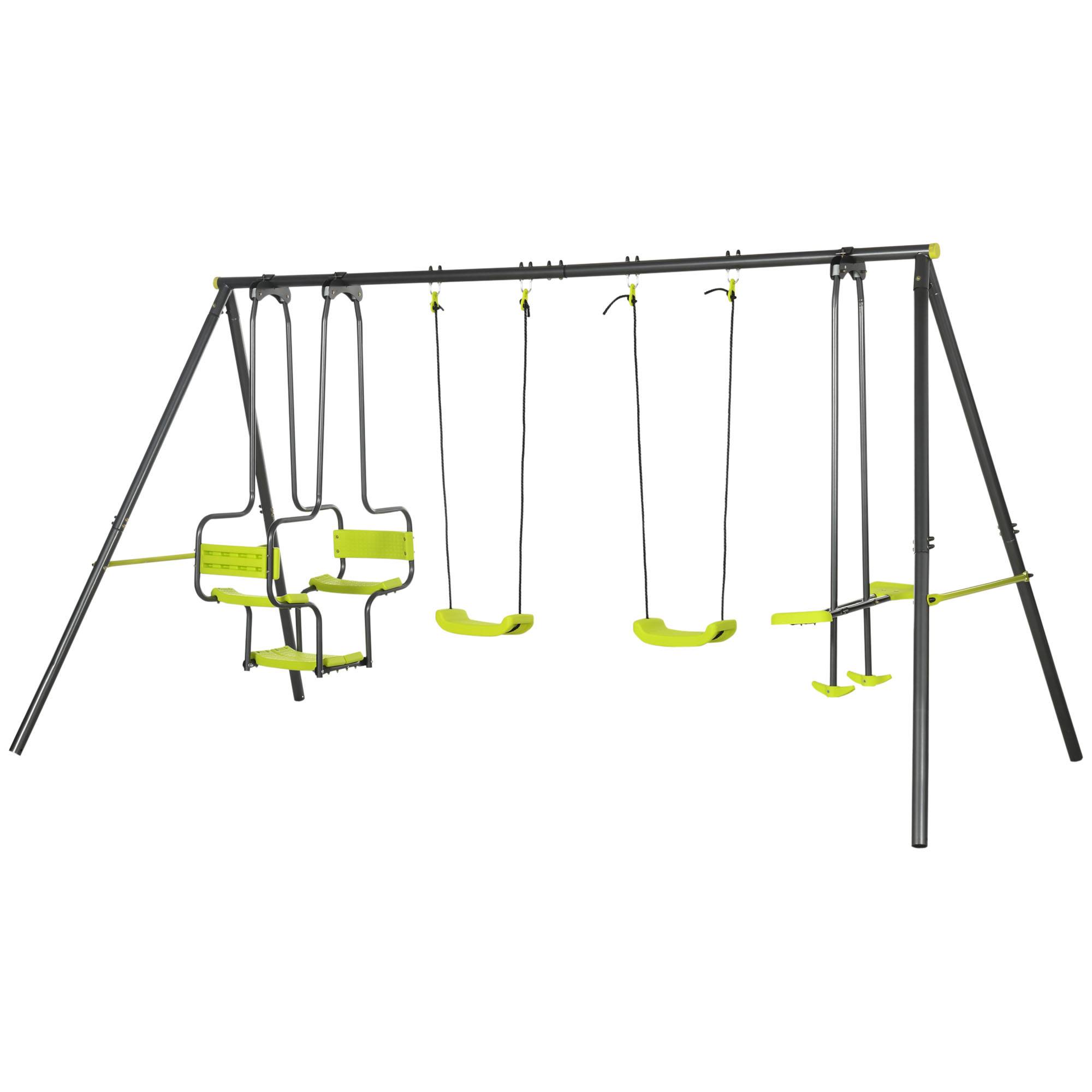 Outsunny - Balançoire 4 agrès portique avec 2 balançoires et 2 face à face dim. 3,55L x 1,84l x 1,86H m acier époxy gris PE vert - Outsunny - Image 1