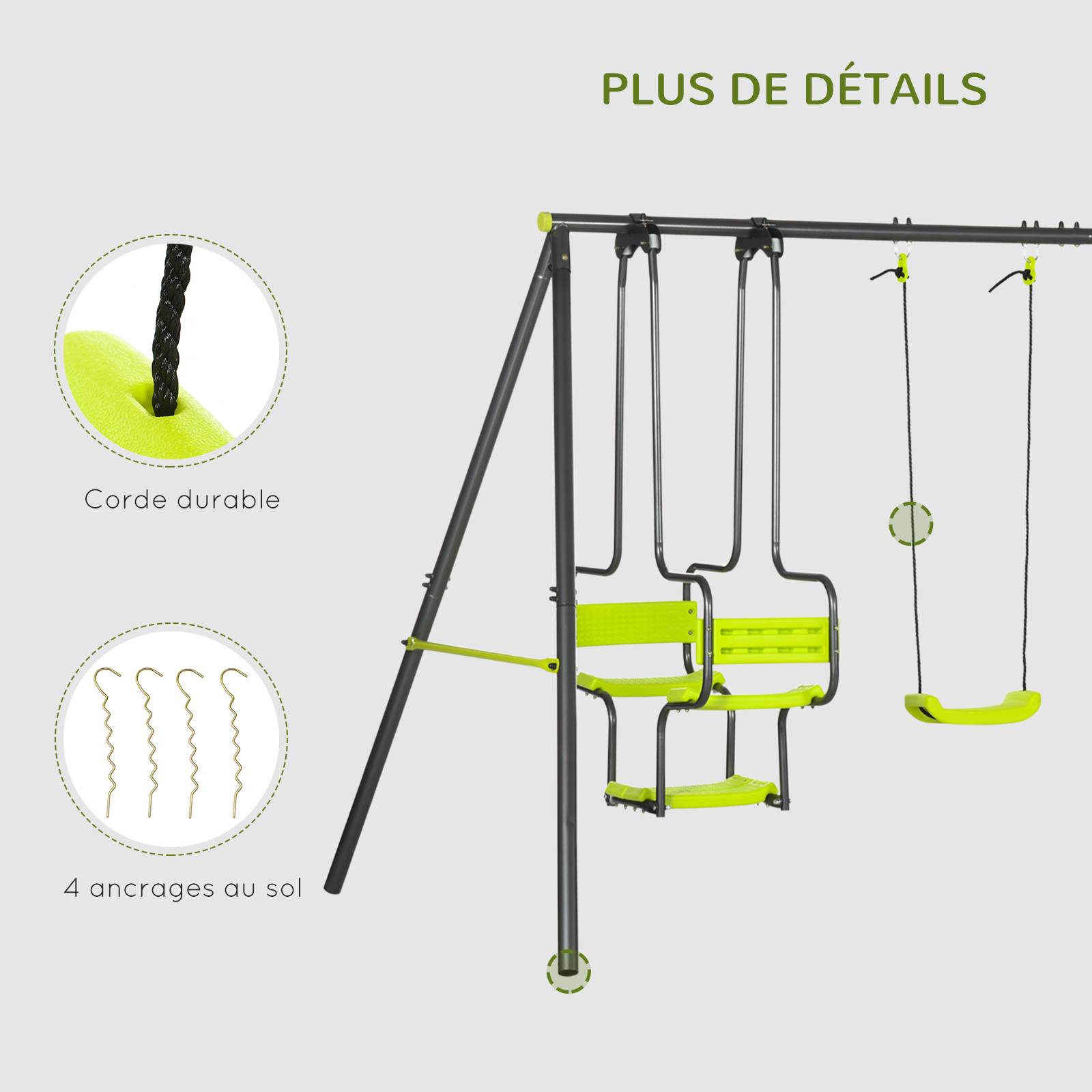 Outsunny - Balançoire 4 agrès portique avec 2 balançoires et 2 face à face dim. 3,55L x 1,84l x 1,86H m acier époxy gris PE vert - Outsunny - Image 7