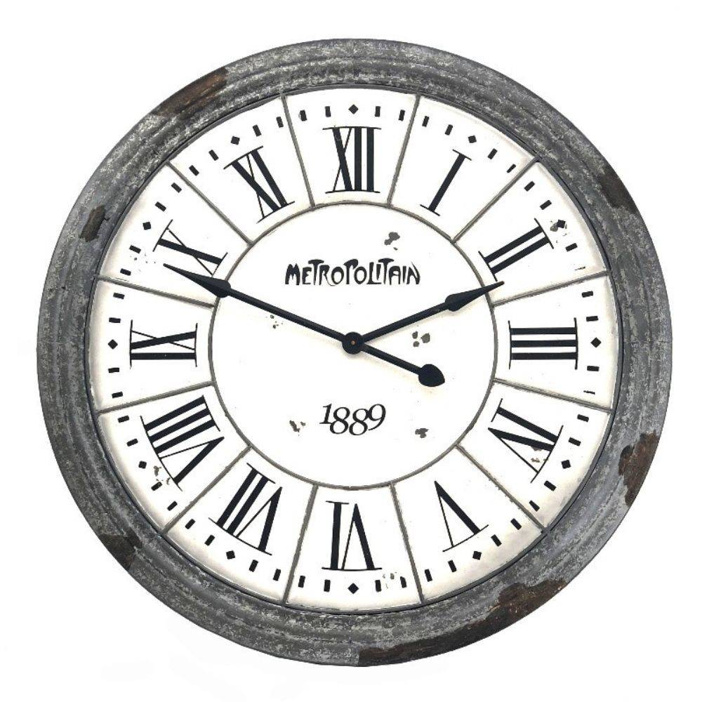 Chemin De Campagne - Grande horloge murale décorative vintage salon métal gris blanc 100cm Chemin de campagne