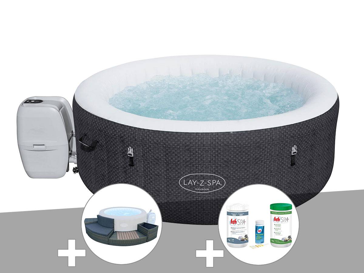 Bestway - Kit spa gonflable Bestway Lay-Z-Spa Havana rond Airjet 2/4 places + Ensemble mobilier 4 modules + Kit traitement brome