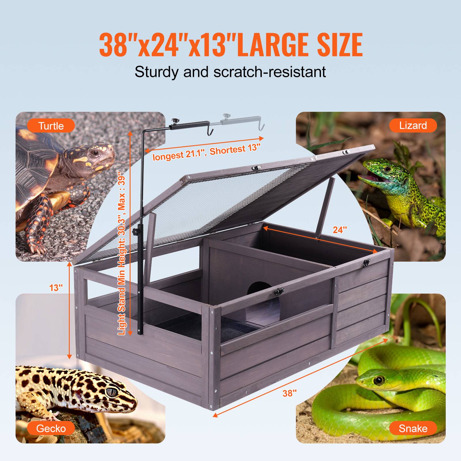 Vevor - VEVOR Habitat tortue bois 96x61x33cm intérieur/extérieur, support lampe réglable, pour reptiles et petits animaux. - Image 6