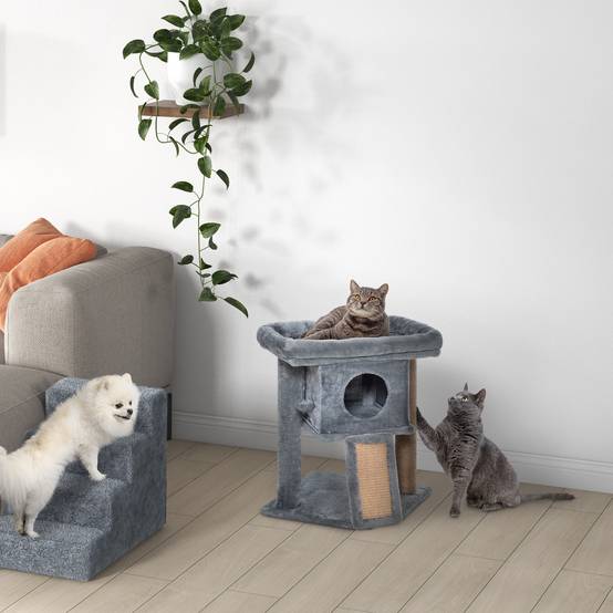 Arbre à Chat Multi-Niveaux 57 cm avec Grotte, Plateforme de Repos et Balle de Jeu, Centre d’Activités pour Petits Chats, Gris Clair - Image 8