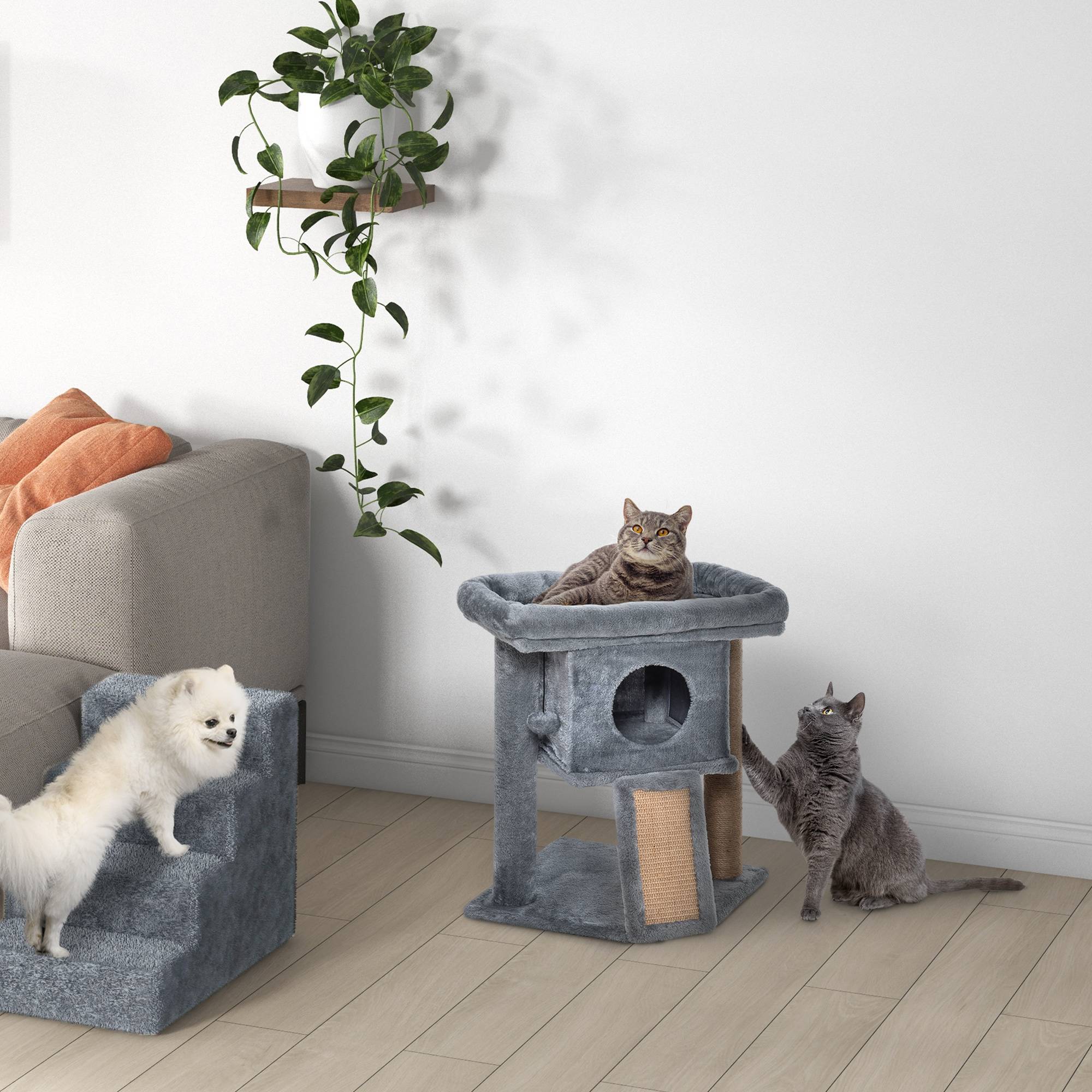 Arbre à Chat Multi-Niveaux 57 cm avec Grotte, Plateforme de Repos et Balle de Jeu, Centre d’Activités pour Petits Chats, Gris Clair - Image 8