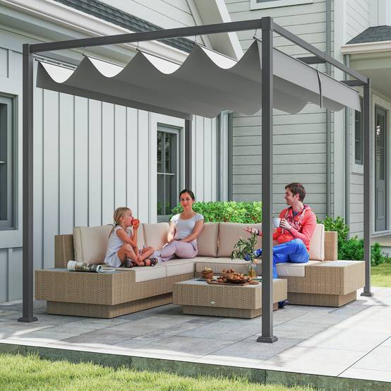 Pergola rétractable métal polyester terrasse ombre modulable 3x2m gris - ComfortXL Outdoor Living - Image 3