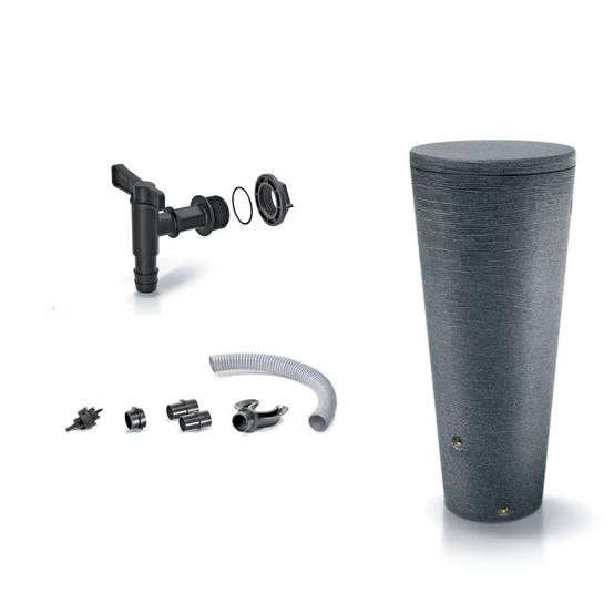 Pack Récupérateur d'eau Tubo 210L effet granit avec jardinière intégrée avec robinet et kit de raccordement - Image 1