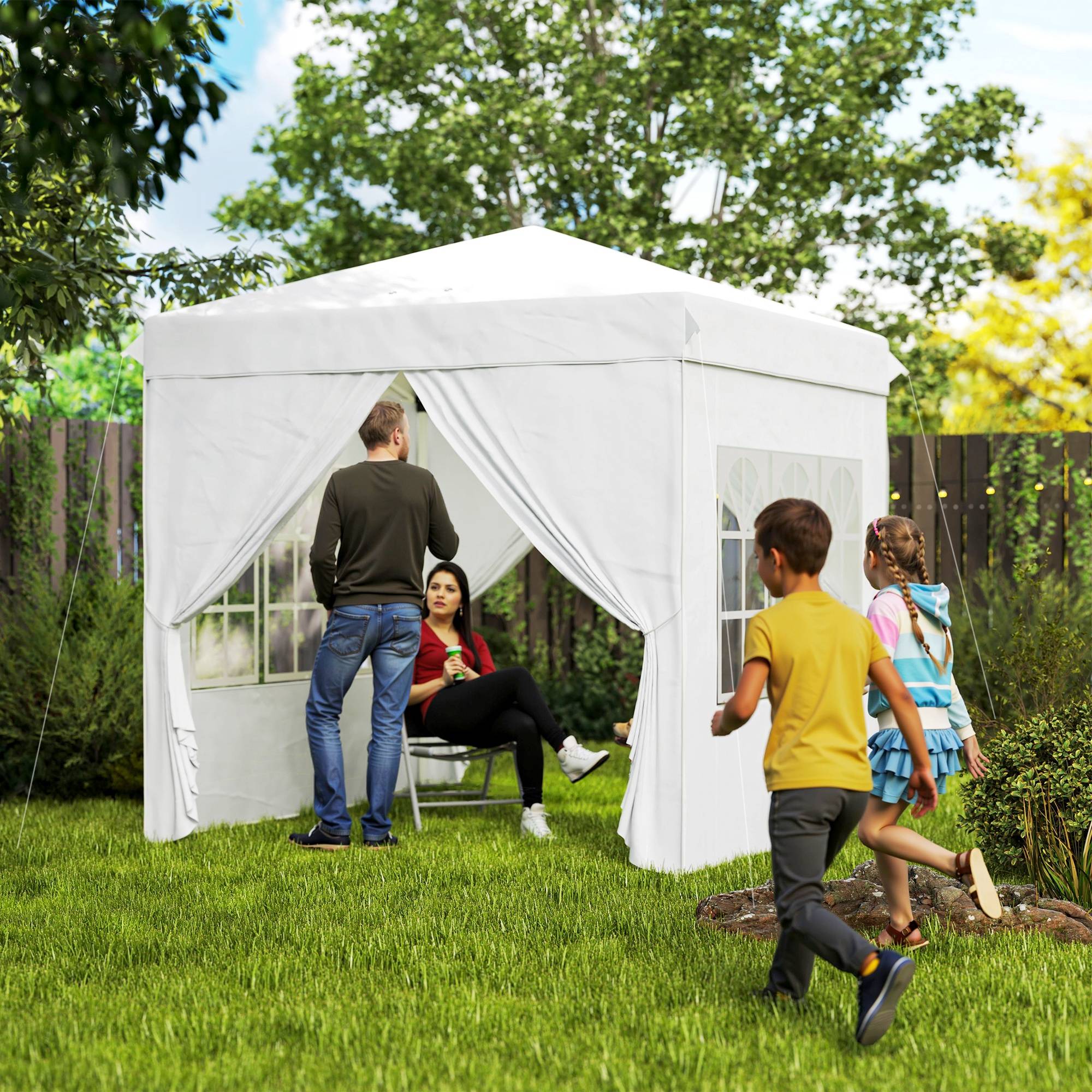 Sans Marque - Tente pliante pop-up 2,5 x 2,5 m avec 4 parois latérales anti-UV, hauteur réglable et sac de transport, blanche - Image 3