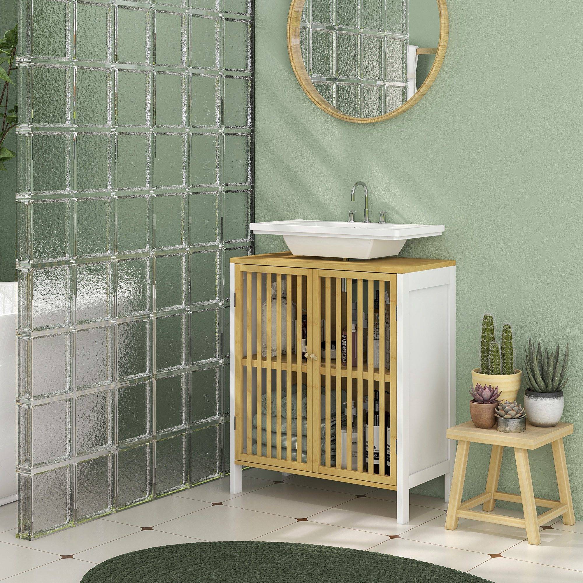Sans Marque - Meuble sous vasque 2 portes étagère réglable armoire rangement lavabo 60x30x70 cm MDF bambou - Image 4