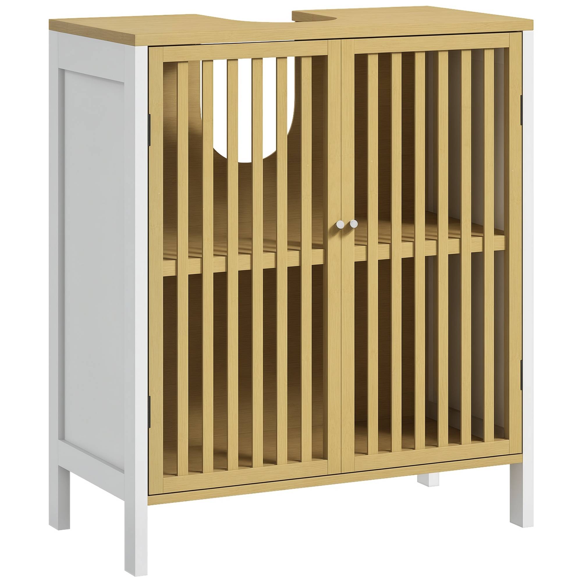 Sans Marque - Meuble sous vasque 2 portes étagère réglable armoire rangement lavabo 60x30x70 cm MDF bambou - Image 1