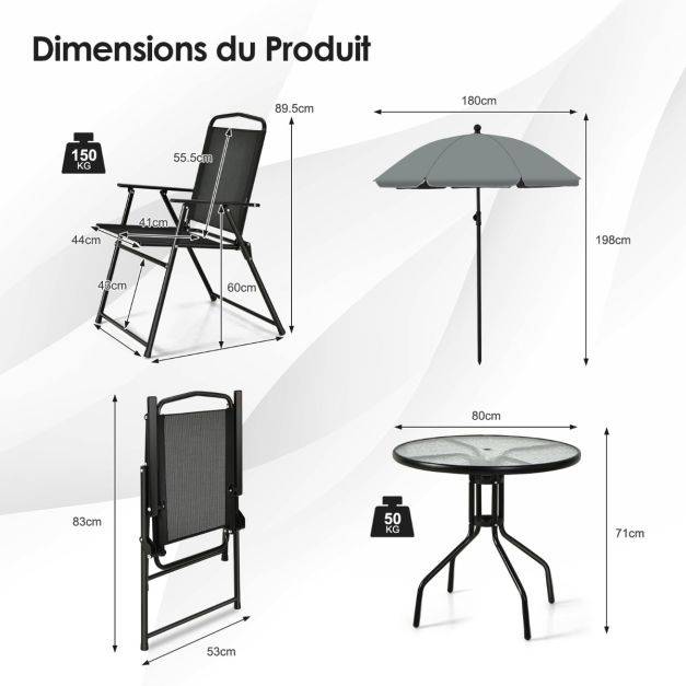 Helloshop26 - Ensemble salon de jardin 6 pcs 4 chaises pliantes table basse en verre et parasol pour terrasse piscine cour noir - Imagen 2