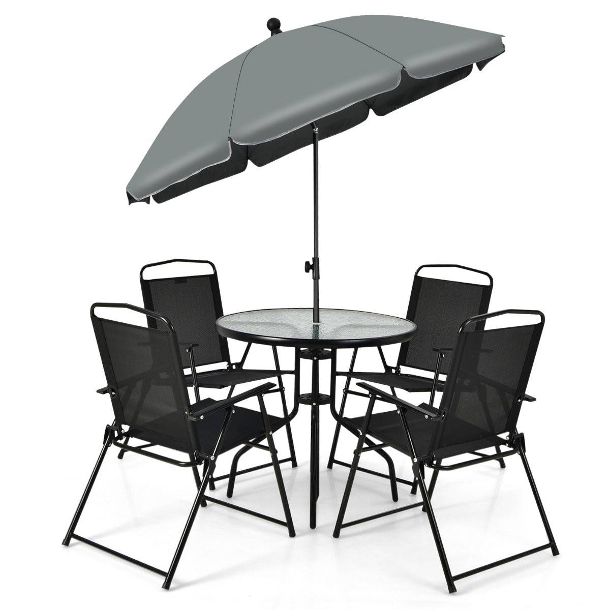 Helloshop26 - Ensemble salon de jardin 6 pcs 4 chaises pliantes table basse en verre et parasol pour terrasse piscine cour noir - Imagen 1