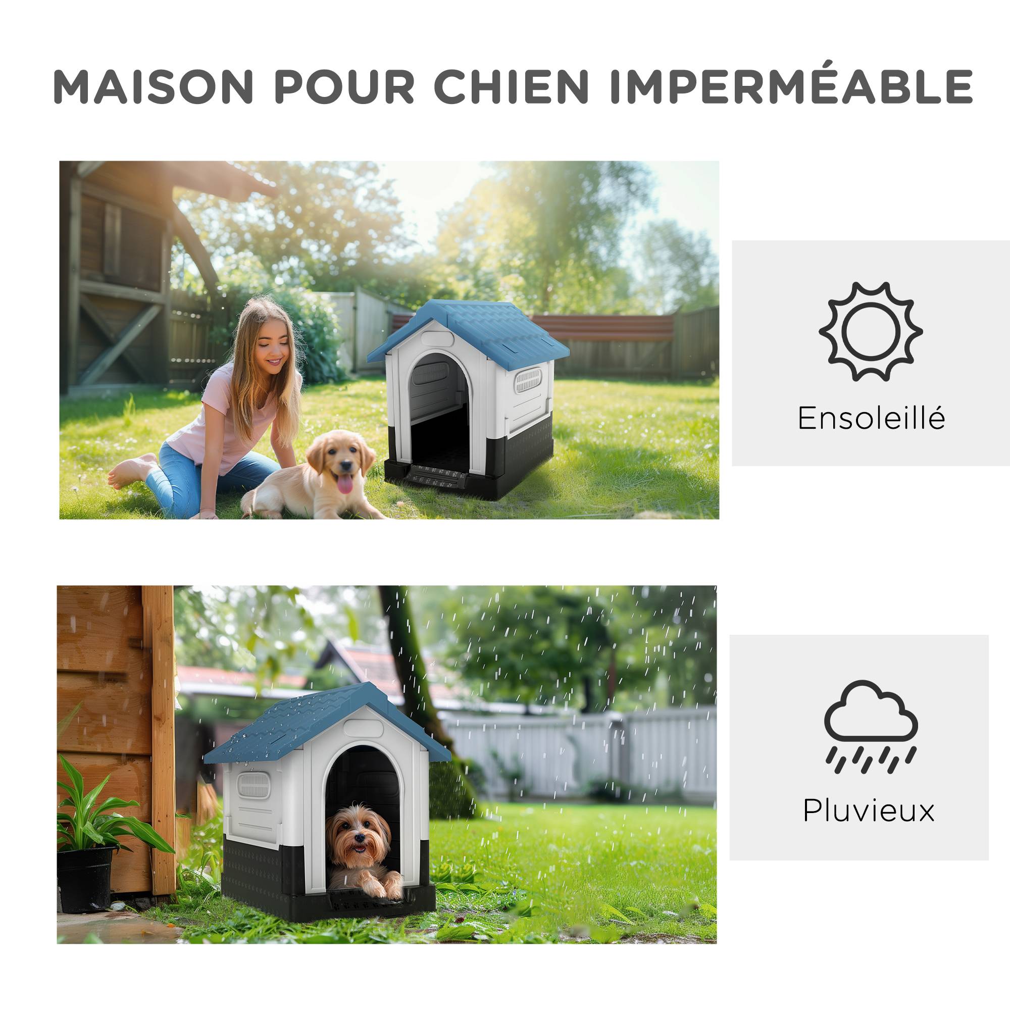 Niche cottage plastique PP pour petit chien avec toit en pente 64x57x66cm blanc bleu - ComfortXL Outdoor Living - Image 8