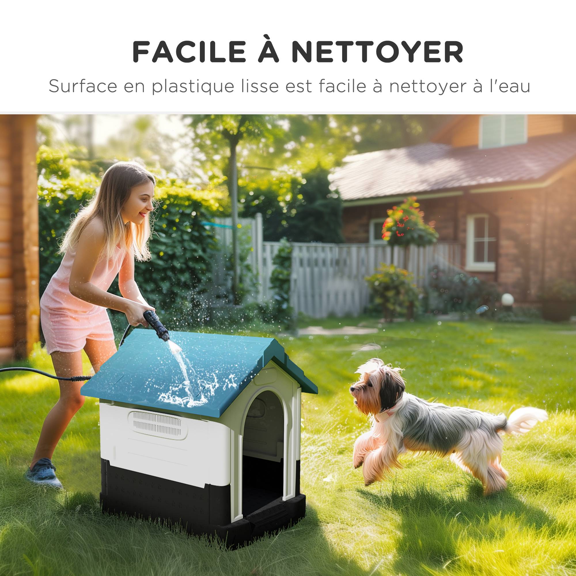 Niche cottage plastique PP pour petit chien avec toit en pente 64x57x66cm blanc bleu - ComfortXL Outdoor Living - Image 7