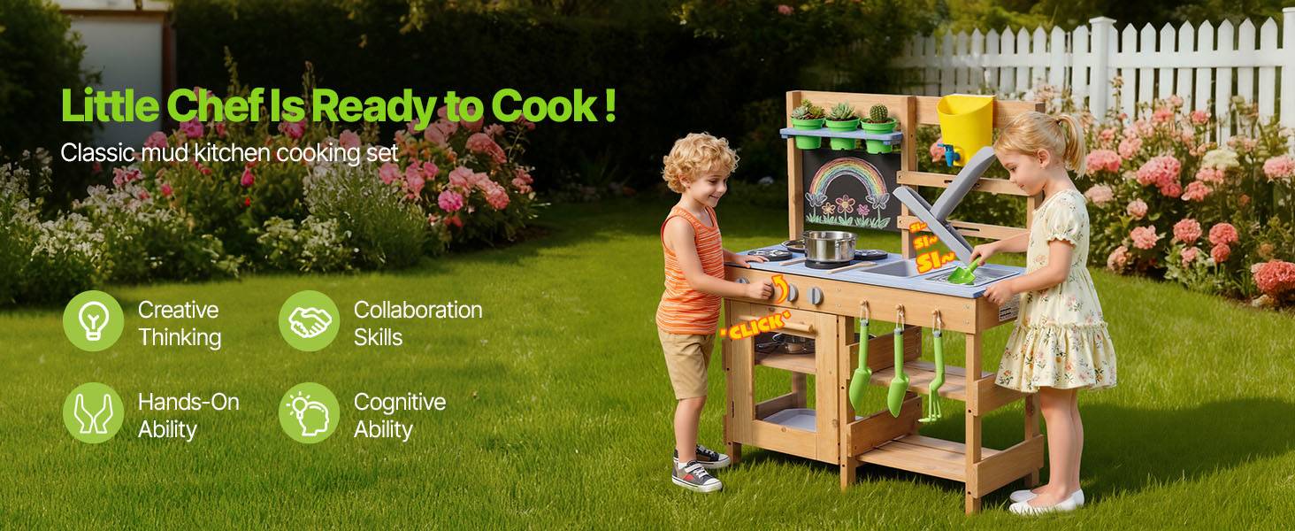 Vevor - VEVOR Cuisine à boue 76,2 cm en sapin, jeu d'extérieur pour enfants 3+, 2 éviers, réchauds, pots, pelles, casseroles et accessoires - Image 9