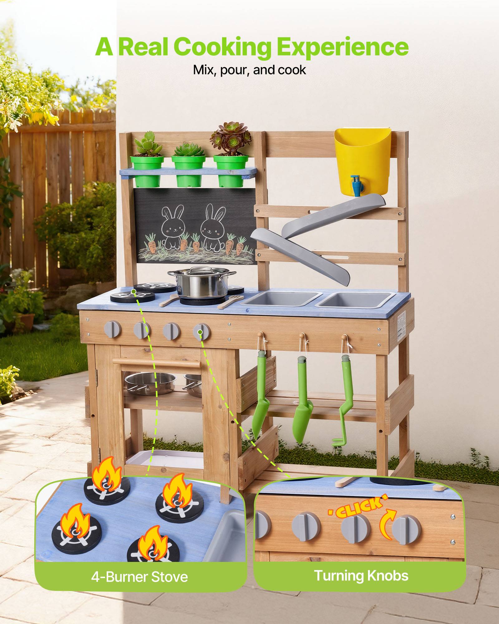 Vevor - VEVOR Cuisine à boue 76,2 cm en sapin, jeu d'extérieur pour enfants 3+, 2 éviers, réchauds, pots, pelles, casseroles et accessoires - Image 4
