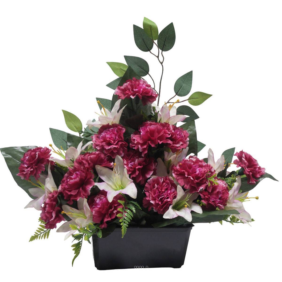 Artificielles - Devant de tombe d'oeillet, Lys et ficus Pourpre artificiels pour la Toussaint - couleur: Pourpre - Imagen 2
