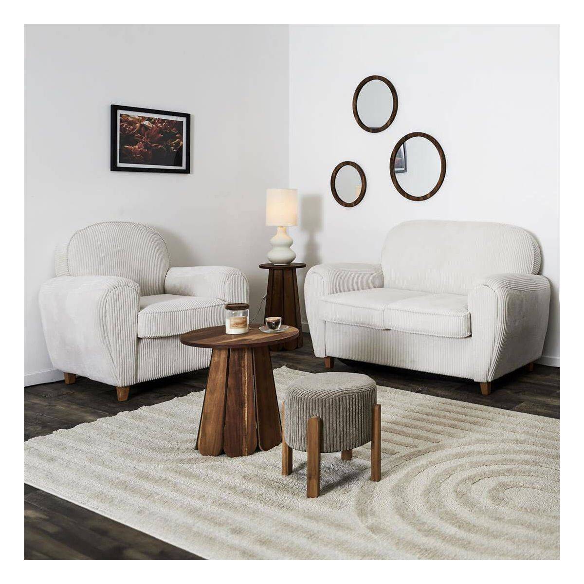 ALTOBUY - Ensemble Fauteuil et Canapé Club 2 Places Tissu Velours Côtelé Beige - GANDY - Image 2
