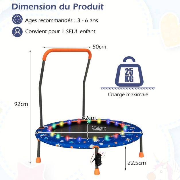 Helloshop26 - Trampoline pour enfants diamètre 92cm lumineux avec poignée amovible charge 25 kg pour sports de saut intérieur extérieur bleu - Imagen 4