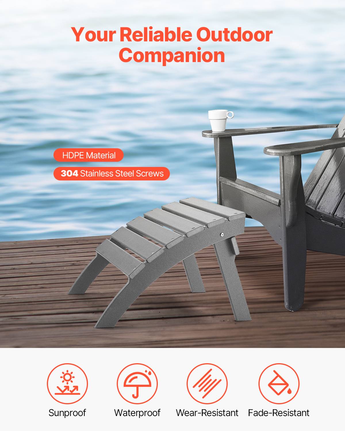 VEVOR Repose-pieds pliable Adirondack, PEHD, 547x480x377mm, gris. - Image 2